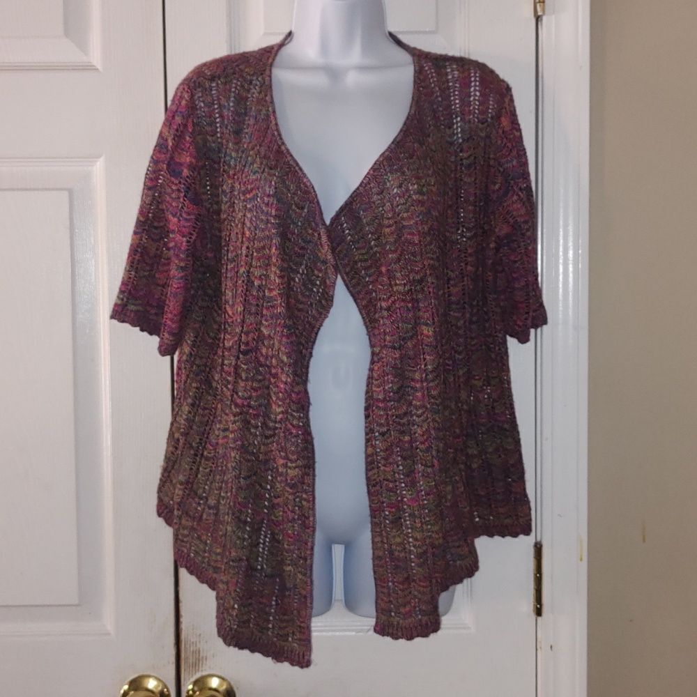 Christopher & Banks Petite multicolor short sleeve open front cardigan Sz LP